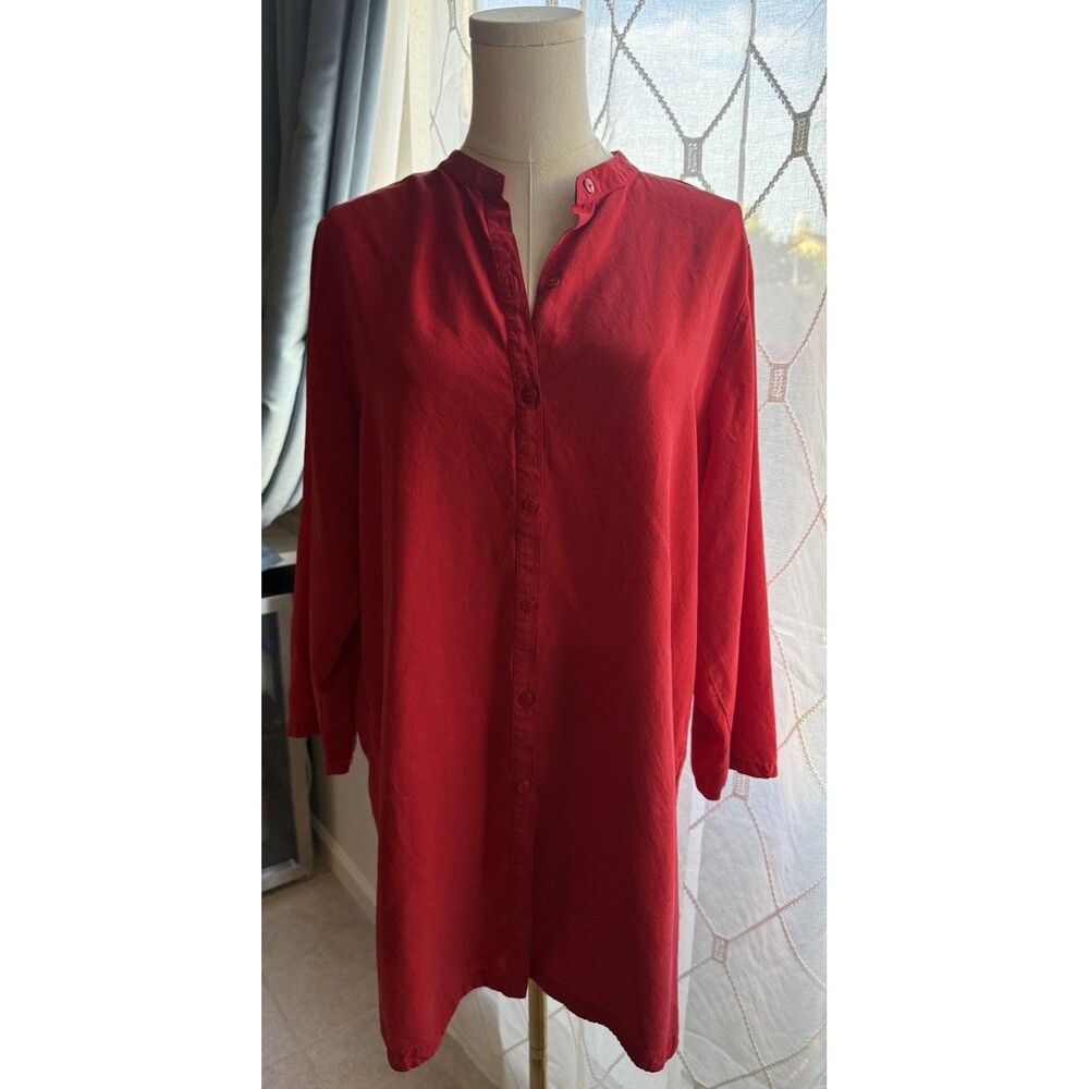 VTG Liz Claiborne Red 100% Silk Button-Up 3/4 Sleeve Shirt Blouse 12 Power Boss